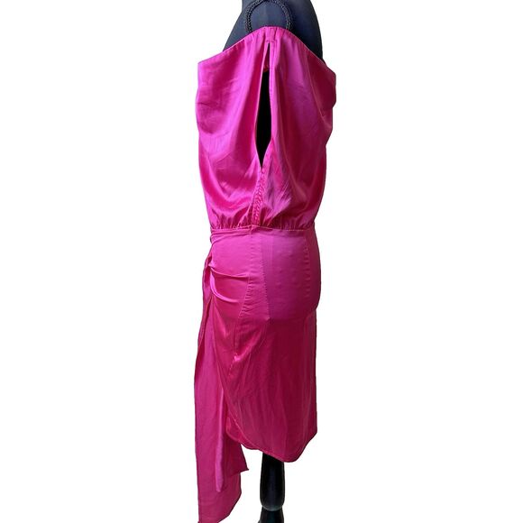 Zesica Womens Fuscia Asymmetrical‎ Midi Dress L Ruched One Shoulder Cutout New - Picture 3 of 13